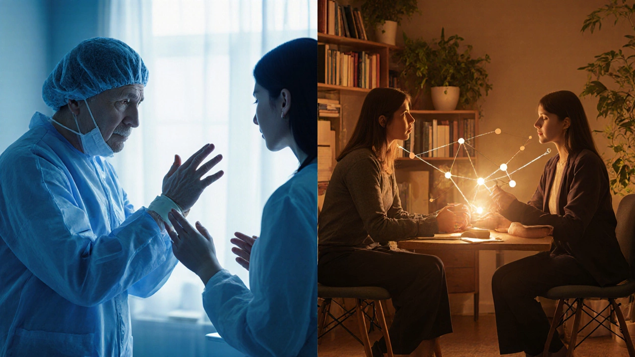 Два человека с тревогой: один получает поверхностный совет, другой — настоящее слушание и поддержку.