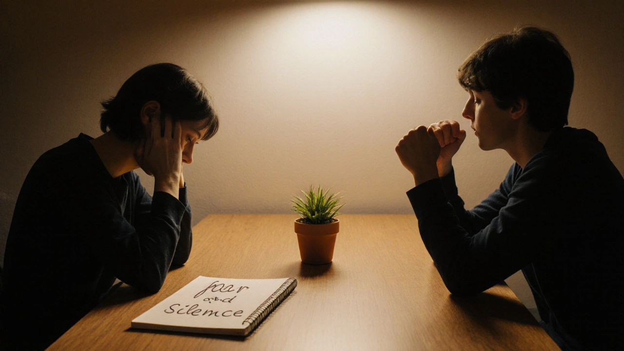 Два человека в кабинете психолога сидят в напряженной дистанции, между ними — теплый свет и тетрадь с заметками.