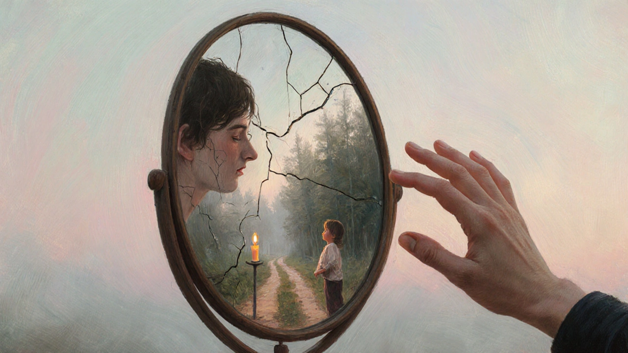 Рука тянется к зеркалу, в котором отражаются ребенок, свеча и туманный путь — символ исцеления и надежды.