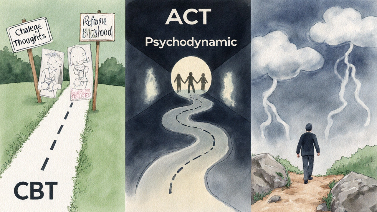 Три символических пути терапии: логичный, глубокий и принятия — изображены как разные тропы.