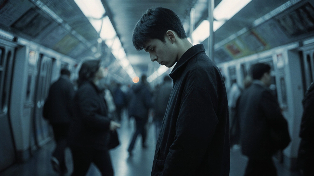 Человек с опущенными плечами стоит в переполненном метро, смотрит в пол, вокруг — размытые прохожие.