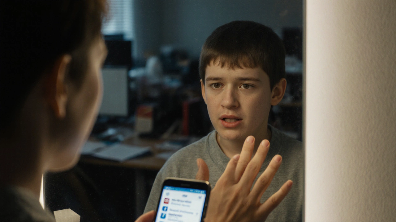 Человек смотрит в зеркало, где его отражение — это ребёнок, которого он хочет утешить.