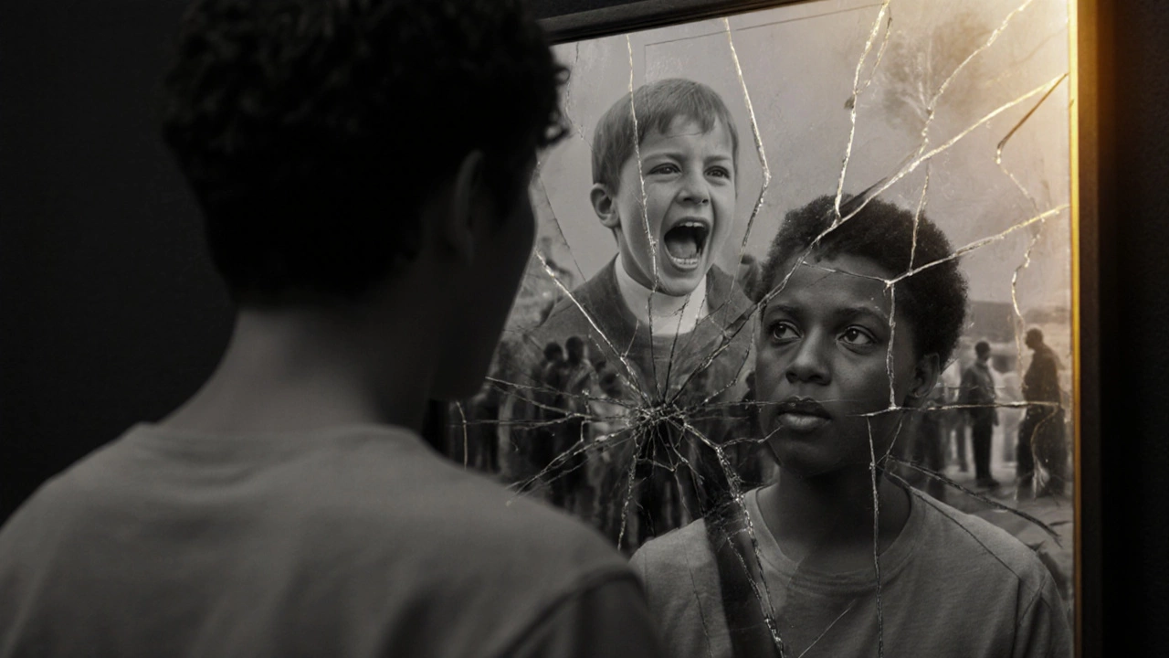 Человек смотрит в зеркало, где его отражение показывает прошлые эмоции, сливающиеся с настоящим.