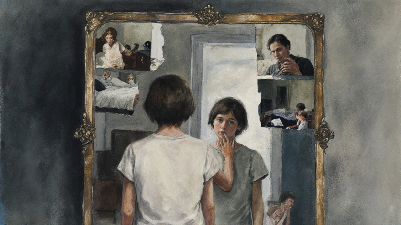 Человек смотрит в зеркало, где отражаются детские воспоминания, а его реальное отражение тянется к ним.