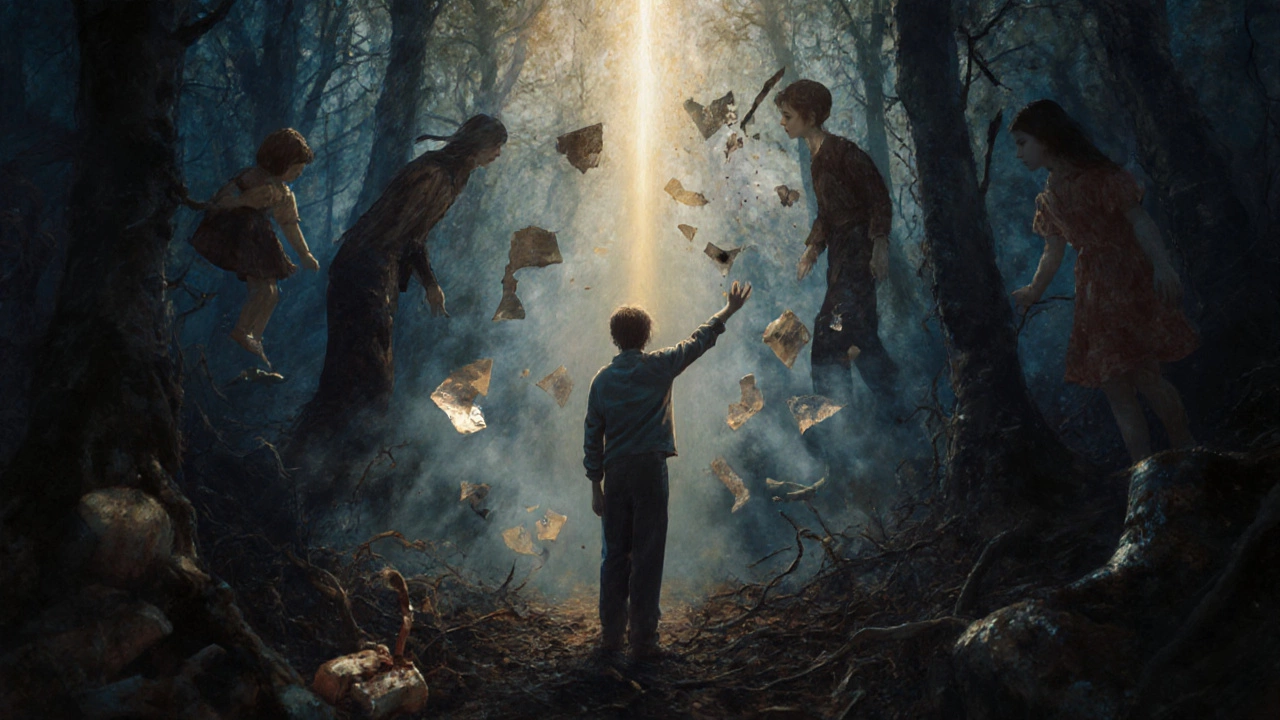 Человек стоит у края леса, тени прошлого растворяются, впереди — свет.