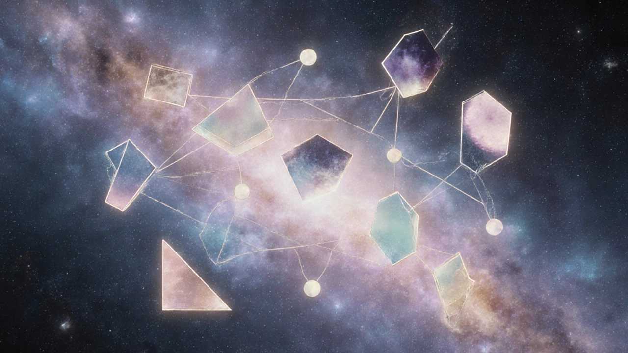 Девять геометрических форм в космосе, каждая символизирует тип Эннеаграммы, одна меняет форму.