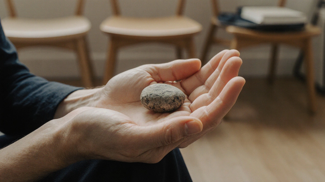 Две руки: одна держит камень, другая — спокойна, символ внутреннего прорыва.