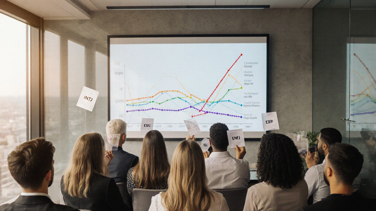 Люди держат прозрачные карточки с типами личности, а за ними — динамический график черт личности.