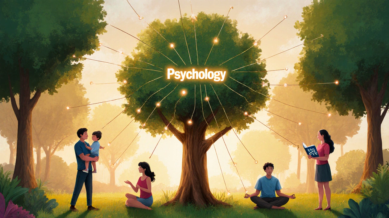 Люди в парке, связанные нитями с деревом психологии, символизируя личностный рост.