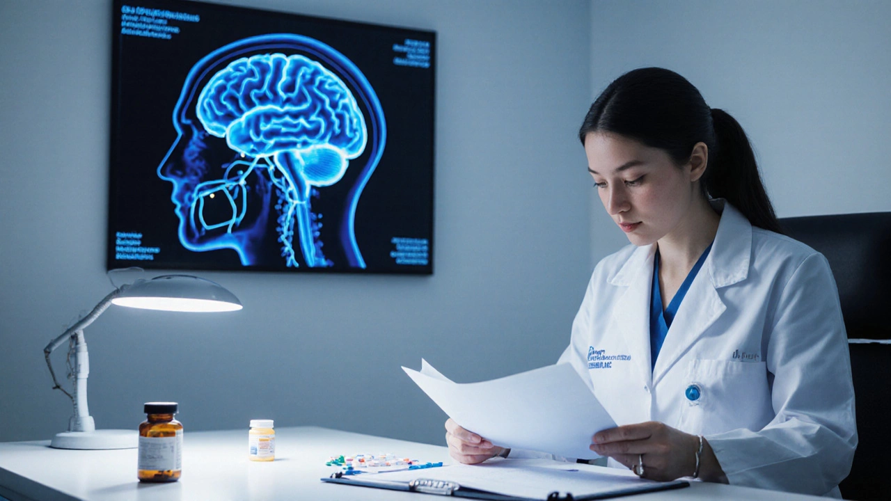 Психиатр в белом халате изучает медицинские документы в клинической обстановке.