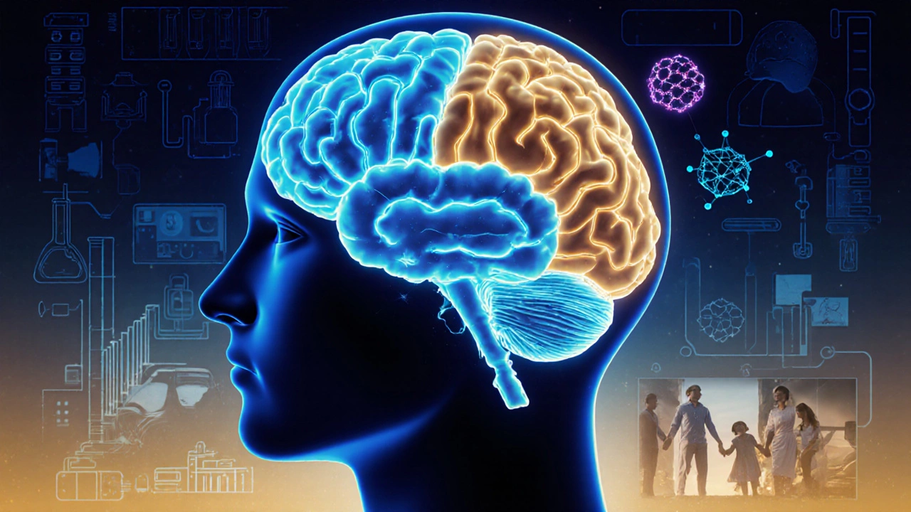 Разделённый мозг с цветными областями, обозначающими разные направления психологии.