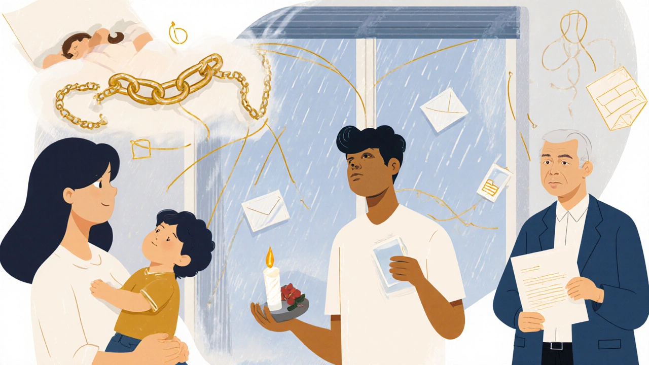 Разные люди в повседневных ситуациях, вокруг них — символы внутреннего исцеления, соединённые тонкими золотыми нитями.