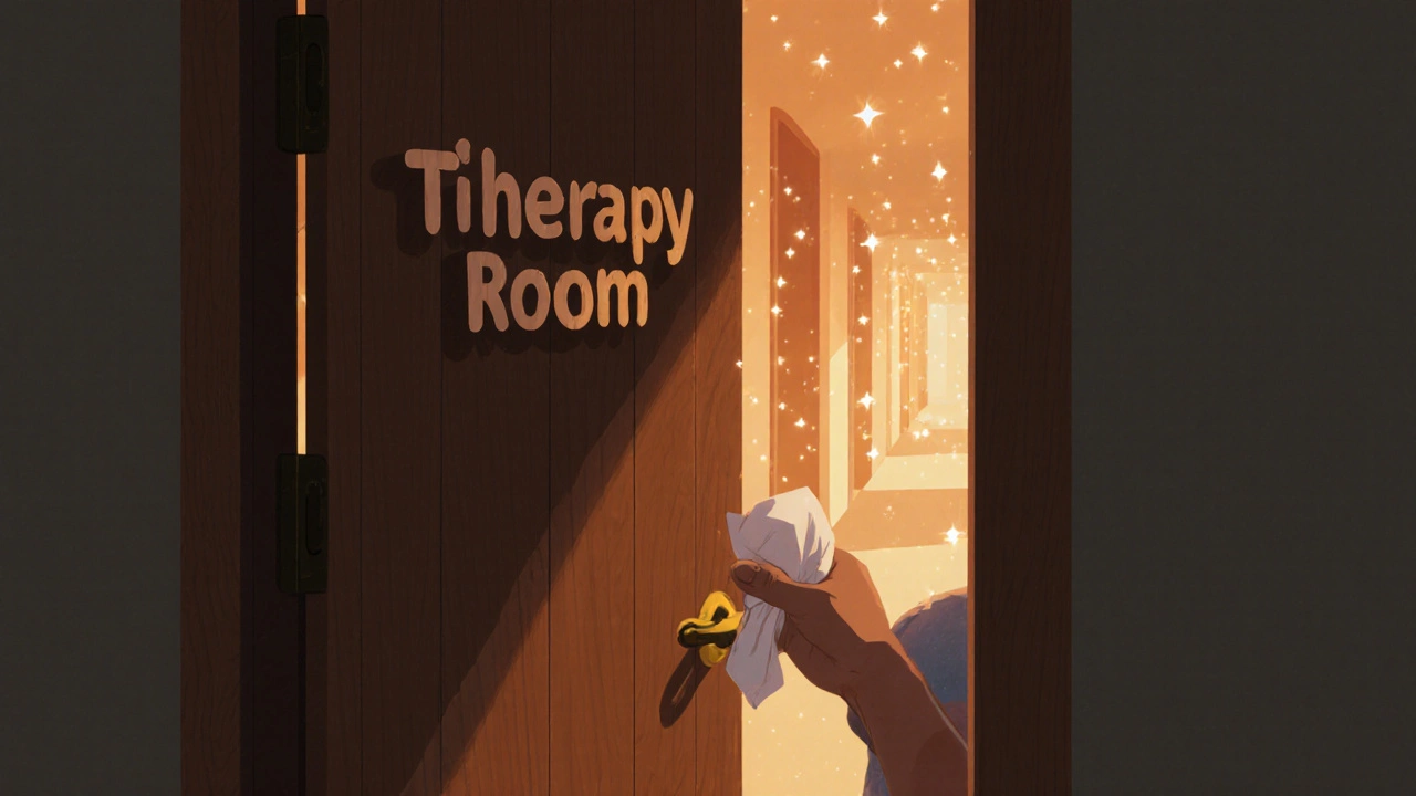 Рука тянется к двери терапевта, из щели льется свет, в руке — смятая салфетка.