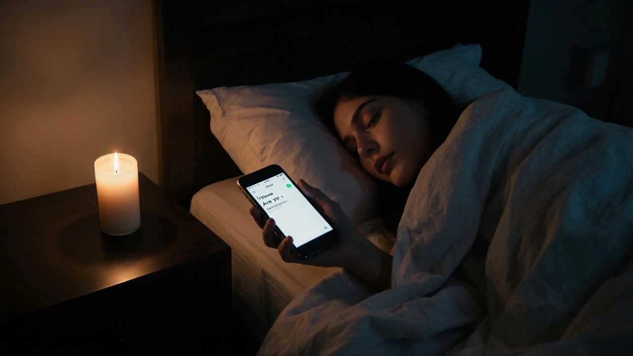 Рука тянется к телефону с сообщением, человек лежит в кровати с слезами на щеке.