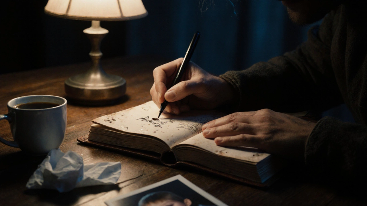 Руки пишут в дневнике при свете лампы, рядом — слезы и потрёпанная ткань, ночь за окном.