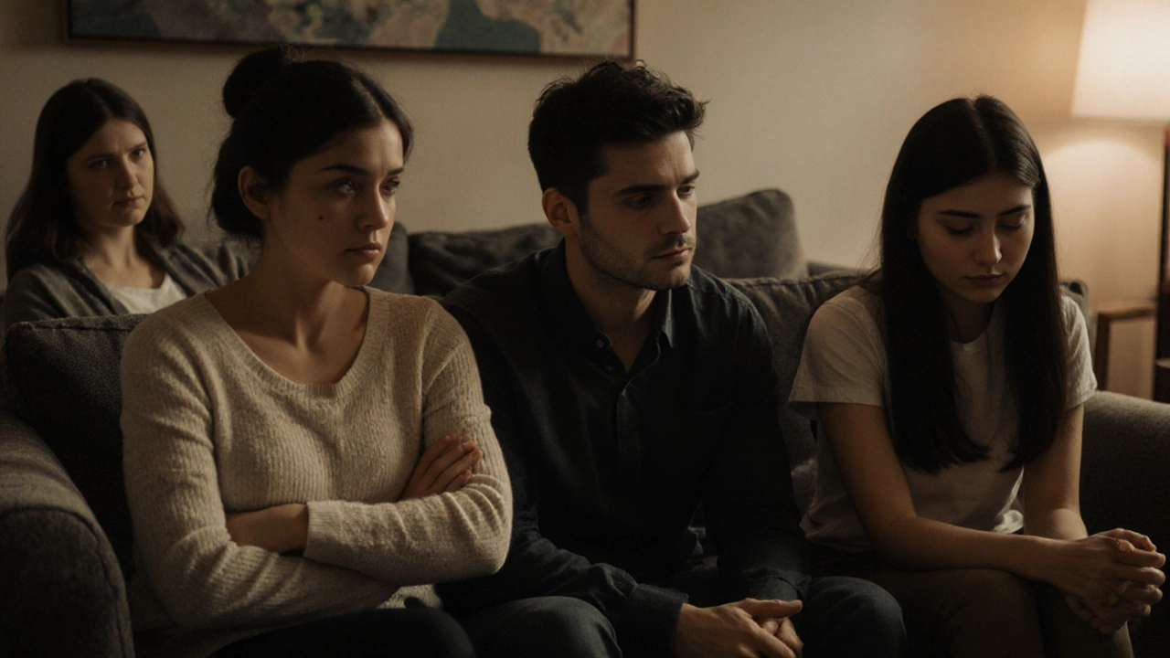Семья сидит вместе, напряжённые лица, терапевт наблюдает за их взаимодействием.