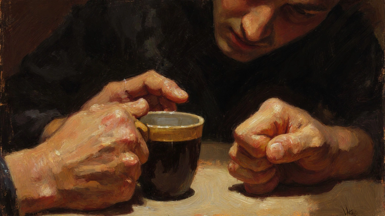 Трясущаяся рука держит чашку, другая сжата в кулак — на фоне размытого лица.