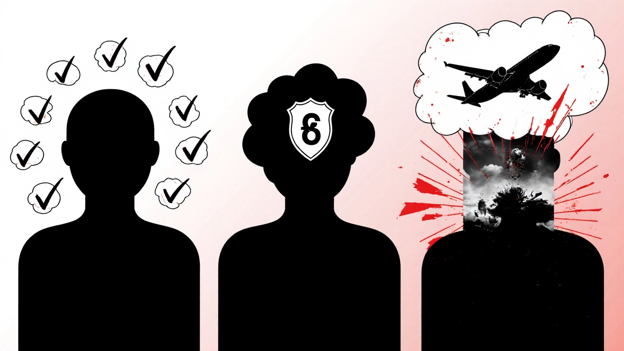 Три силуэта, каждый с визуализацией когнитивного искажения: подтверждение, якорь и доступность.