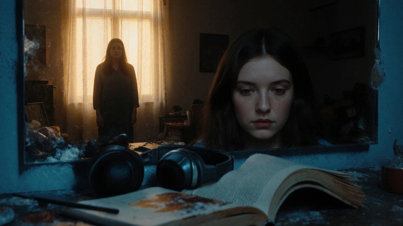 Женщина в пустой комнате, вокруг — заброшенные хобби, отражение в зеркале пустое.