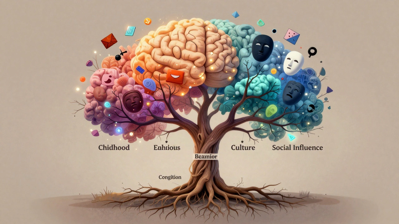 Абстрактное изображение человеческого разума как дерева с ветвями, символизирующими разные направления психологии.
