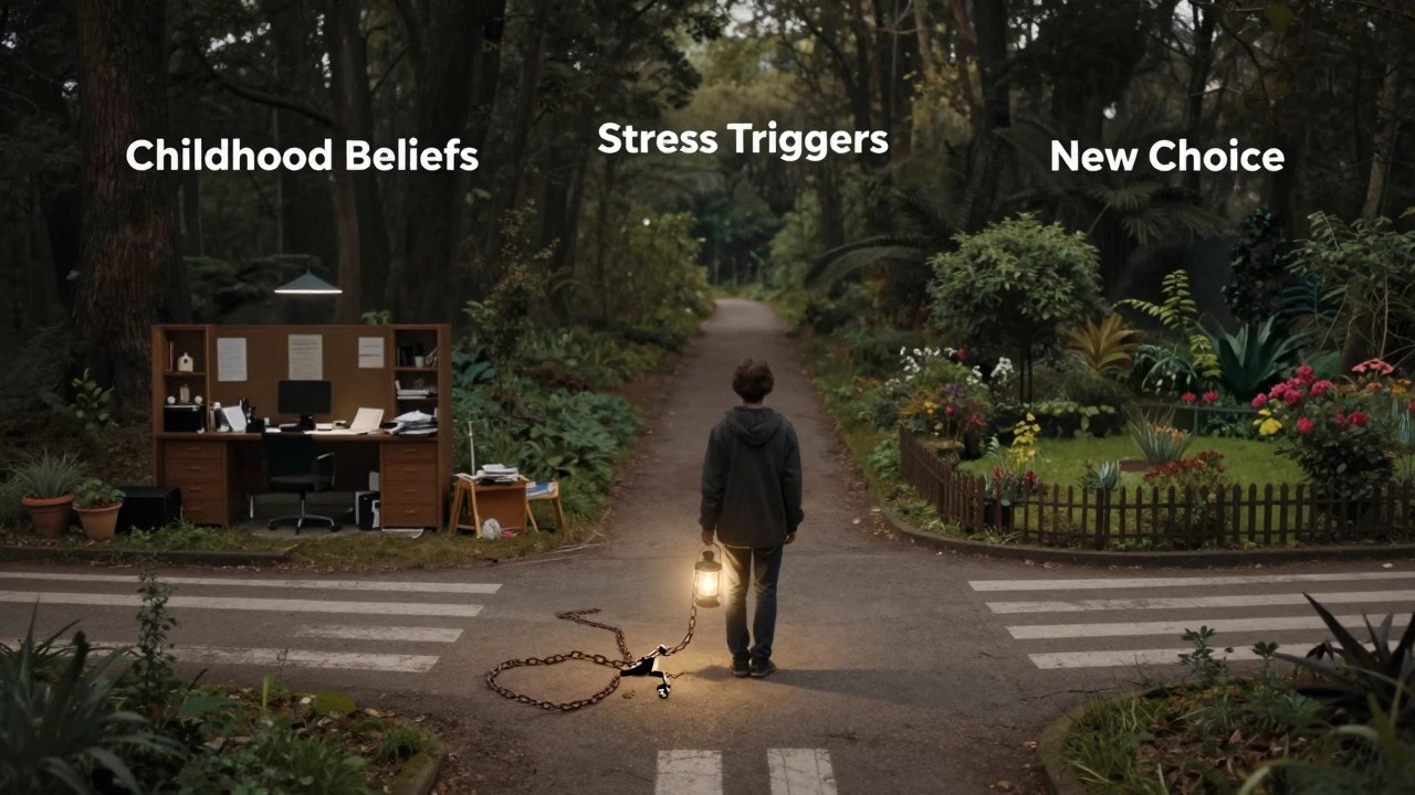 Человек на перекрёстке внутри мысленного ландшафта, где разные пути ведут к прошлому, стрессу и новому выбору.