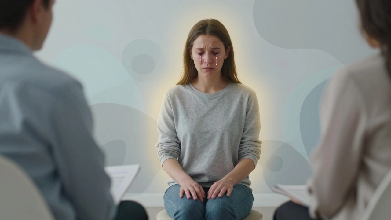 Человек плачет в кресле, а вокруг него светится тёплый свет, символизирующий безопасность и облегчение.