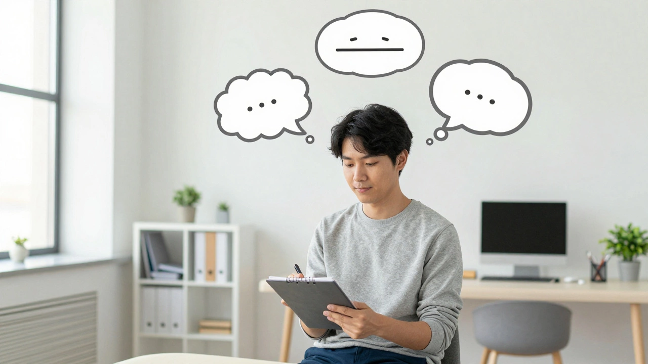 Человек записывает мысли, а над головой — изменяющиеся мысленные образы.