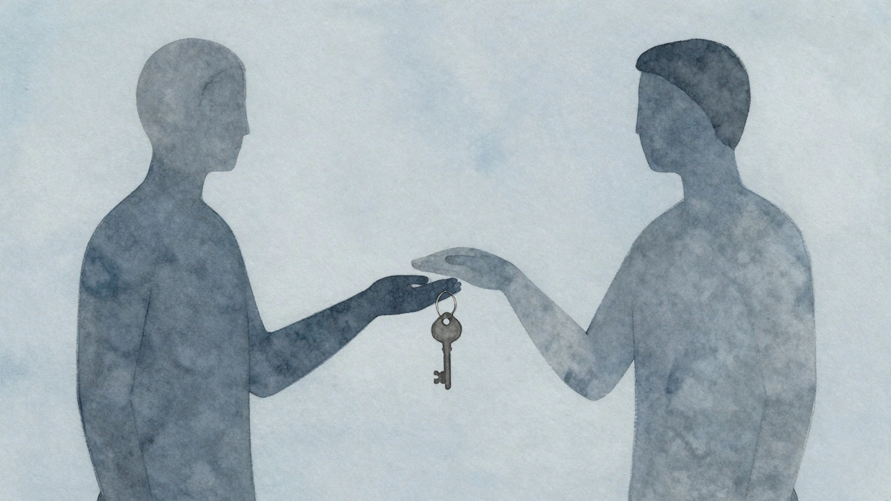 Две абстрактные фигуры обмениваются ключом в спокойной синей среде, символизируя доверие и эмоциональное освобождение.