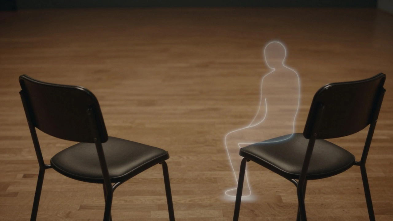 Две пустые стула в тёплом свете, один будто ещё содержит присутствие человека.