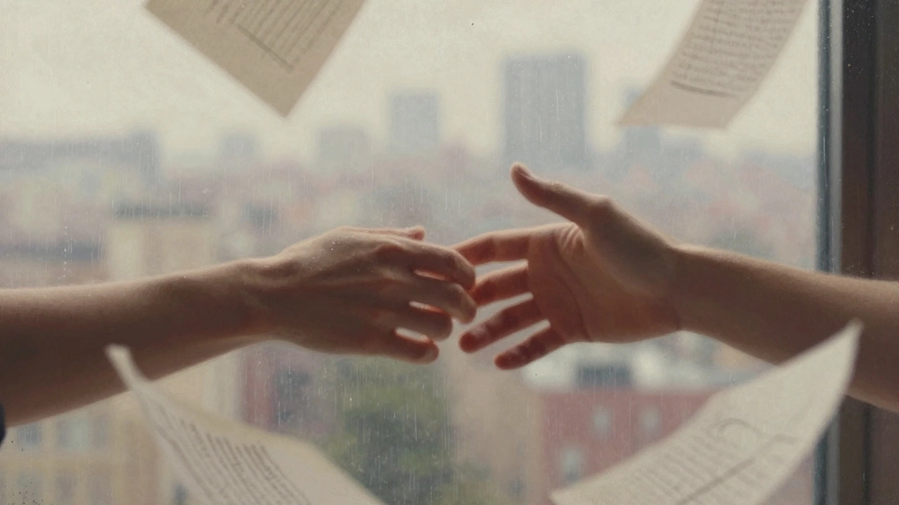 Две руки почти касаются друг друга, вокруг — обрывки мыслей, за окном — дождь и город, символизируя начало доверия.