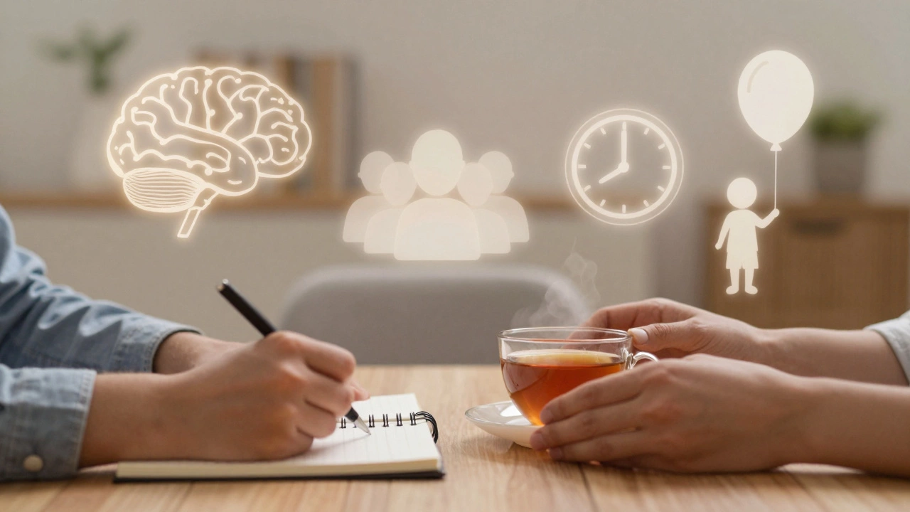Две руки сближаются за столом, вокруг — символы психологии: мозг, люди, часы, воздушный шар.