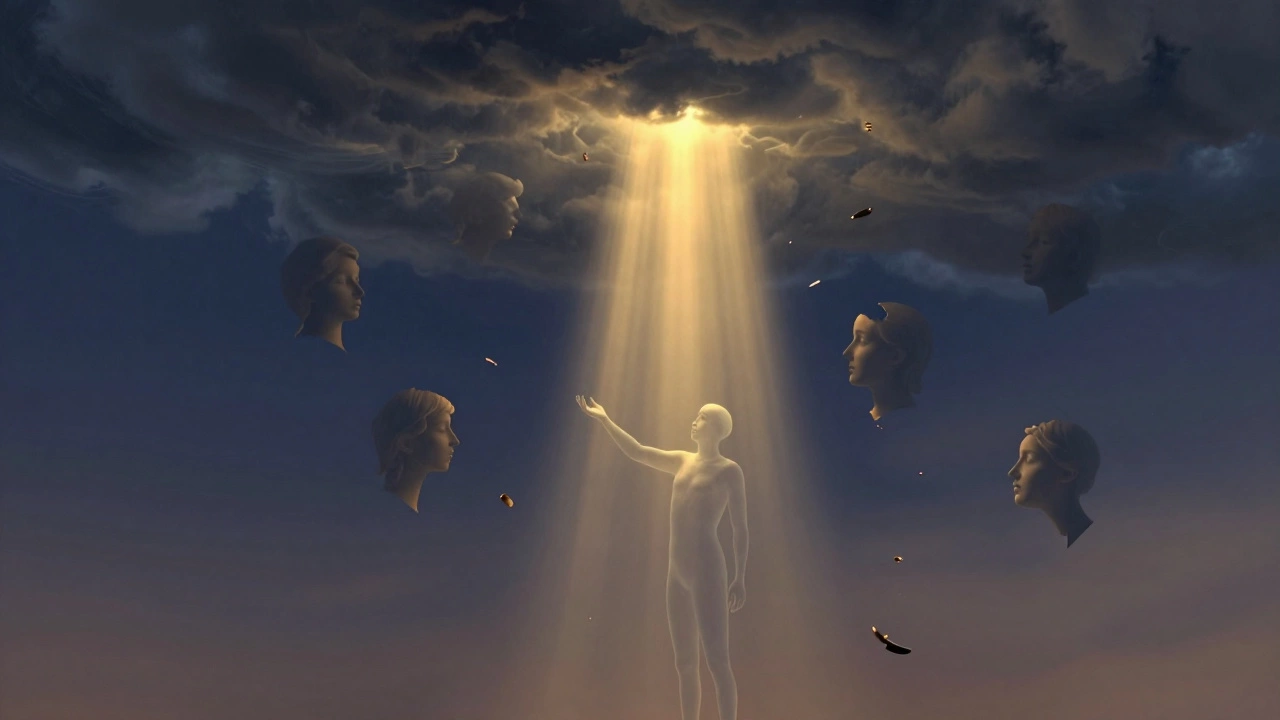 Фигура в шторме, освещённая золотым светом — символ надежды в трудный момент.