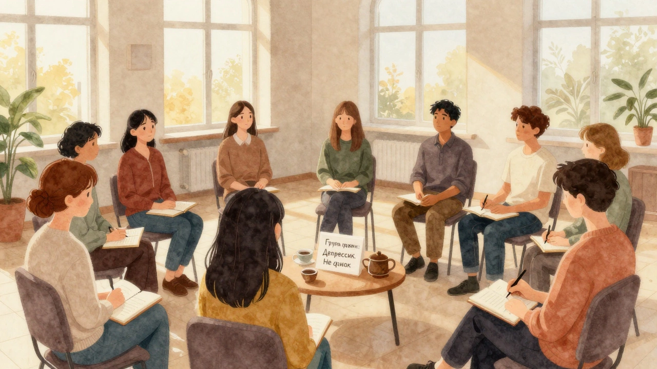 Группа людей сидит в кругу на бесплатной встрече поддержки, один пишет в дневнике.