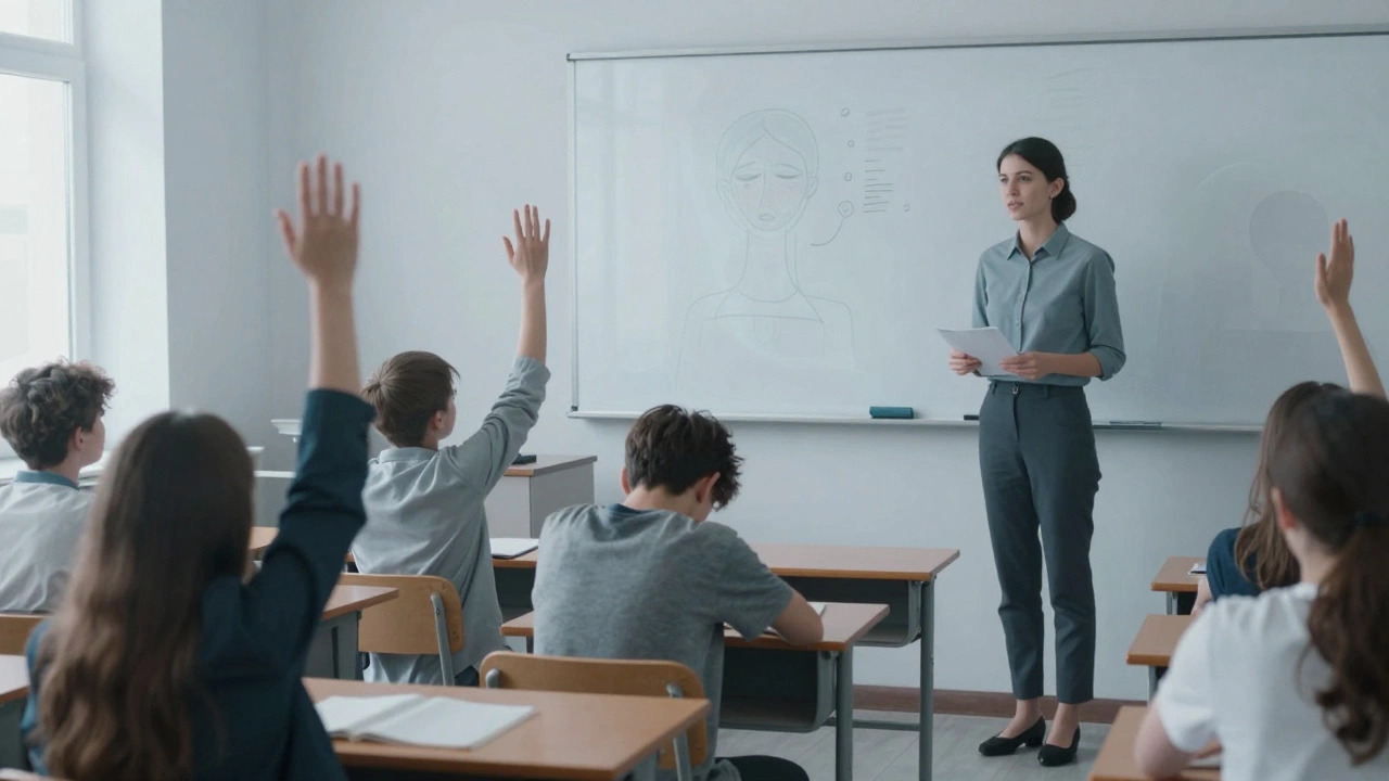 Подросток в классе сидит одиноко, другие ученики активны, учитель обращает внимание на учебу.