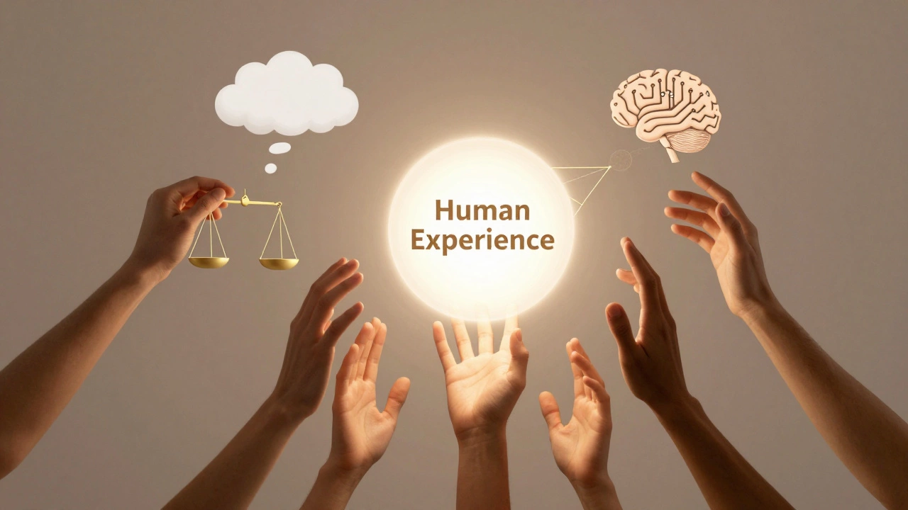 Разные руки, представляющие подходы психологии, тянутся к общему шару — символу человеческого опыта.