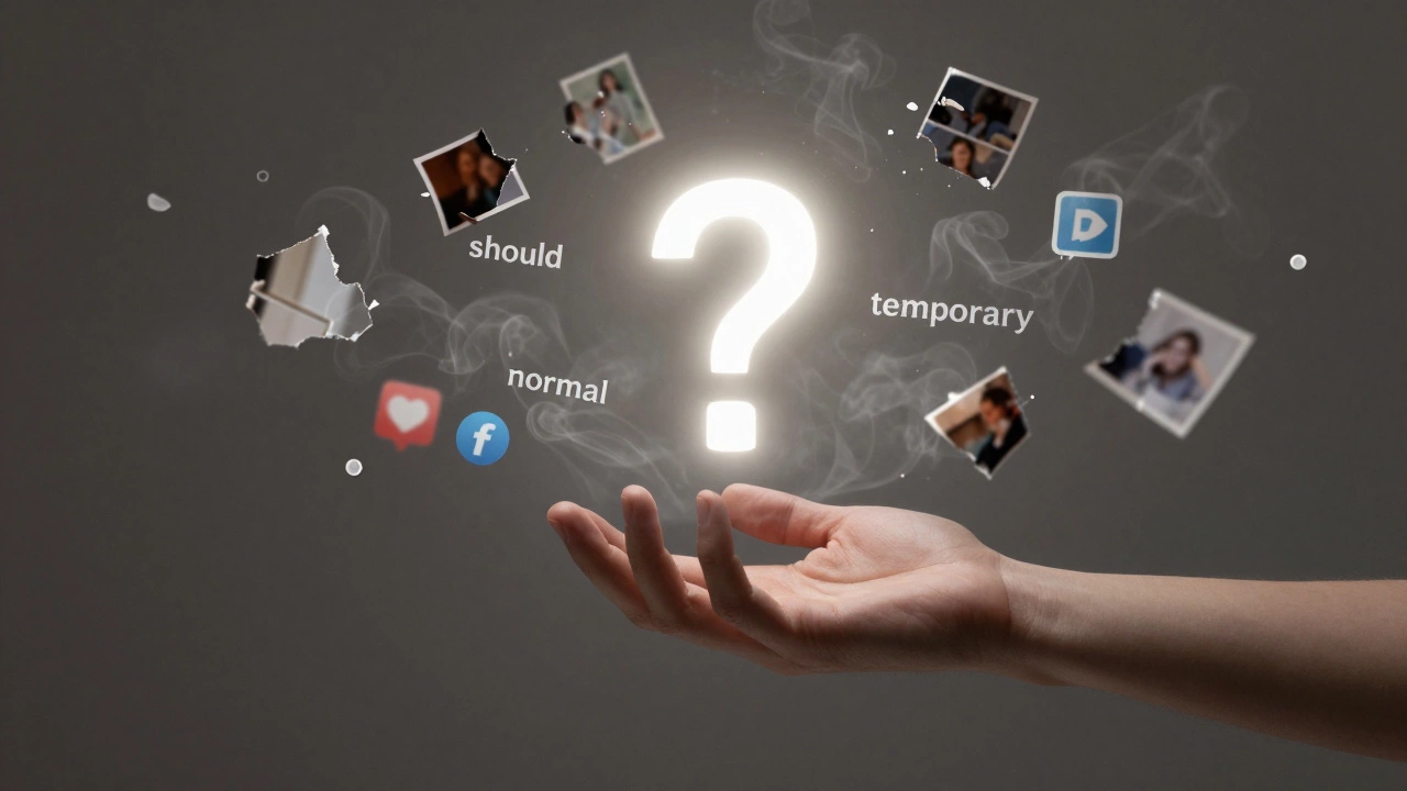 Рука тянется к светящемуся вопросу, окруженному разрушающимися фрагментами социальных ожиданий.