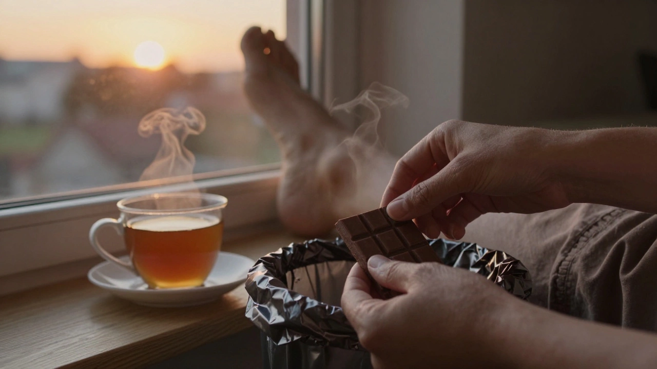 Руки кладут шоколадку в мусорку, рядом — чай и ноги на подоконнике при закате, символизируя тихую смену привычки.