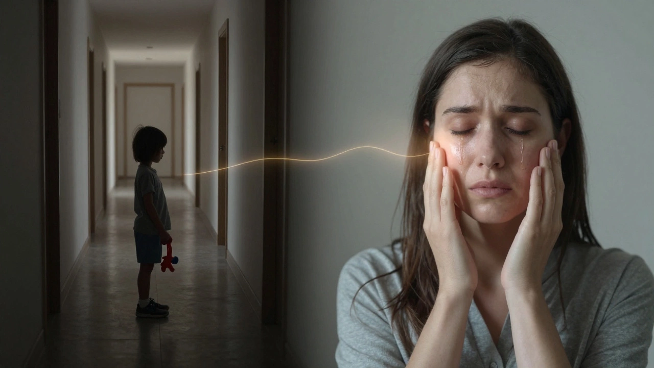 Сравнение детства и взрослой жизни: ребенок в тени и взрослый, озаренный светом, символизирующий раскрытие прошлого.