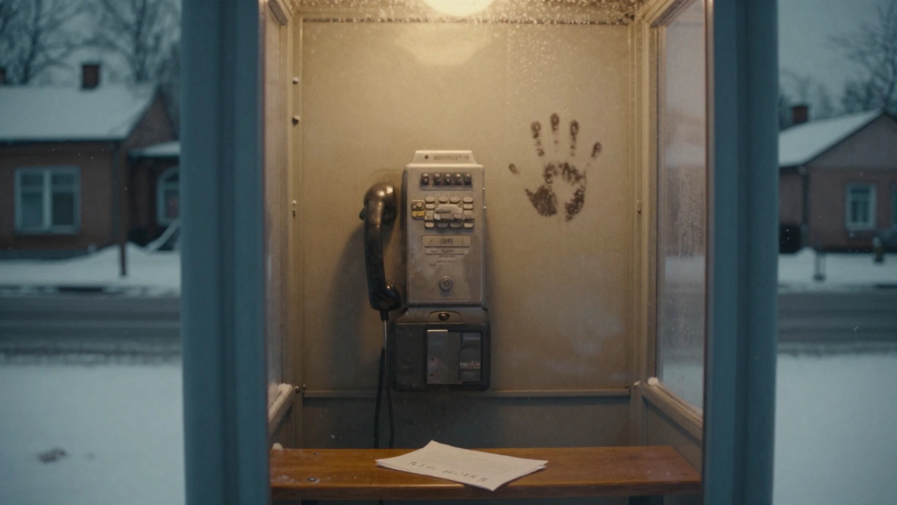 Телефонная будка в сумерках, на стекле — отпечаток руки, снег падает снаружи.