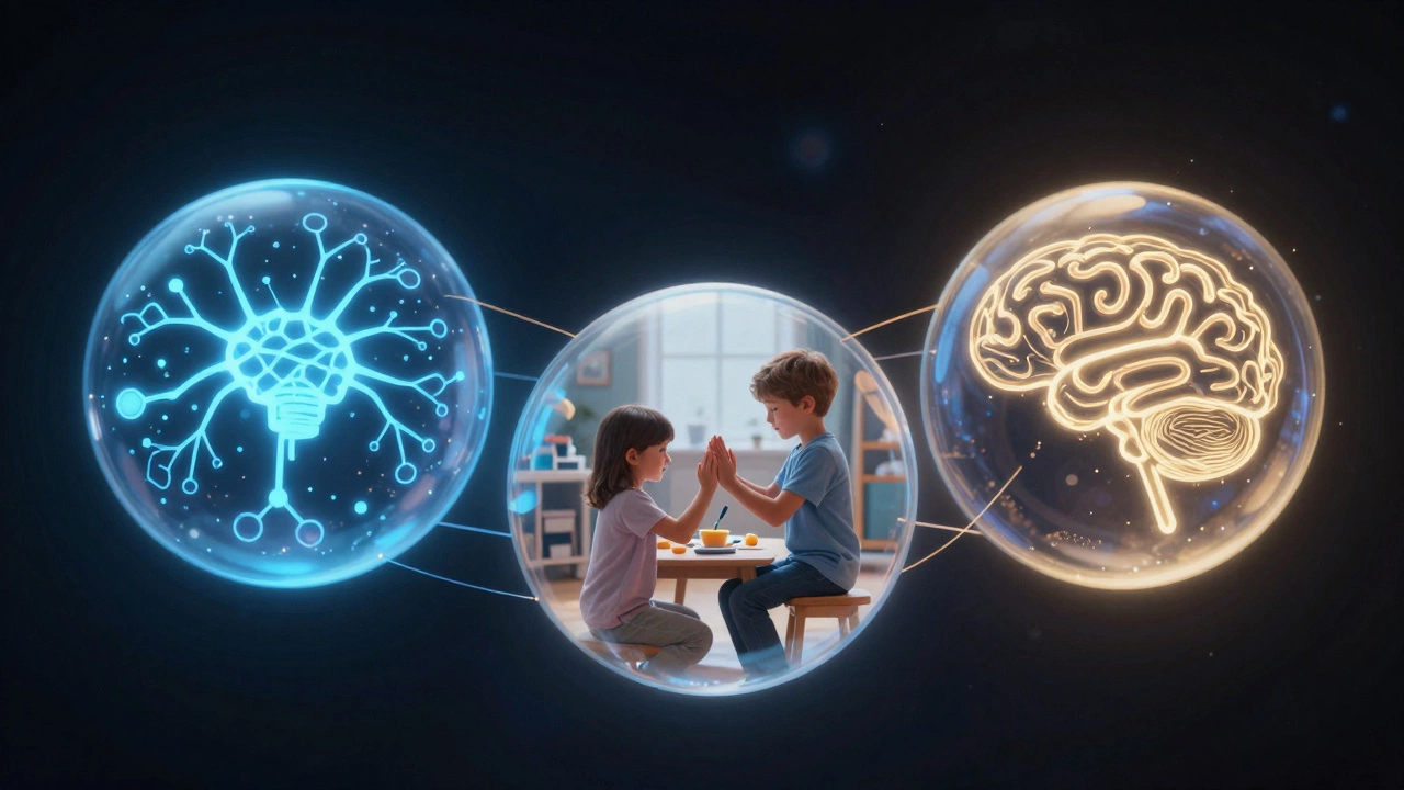 Три основы психологии: биологическая, поведенческая и когнитивная — изображены как связанные светящиеся сферы.