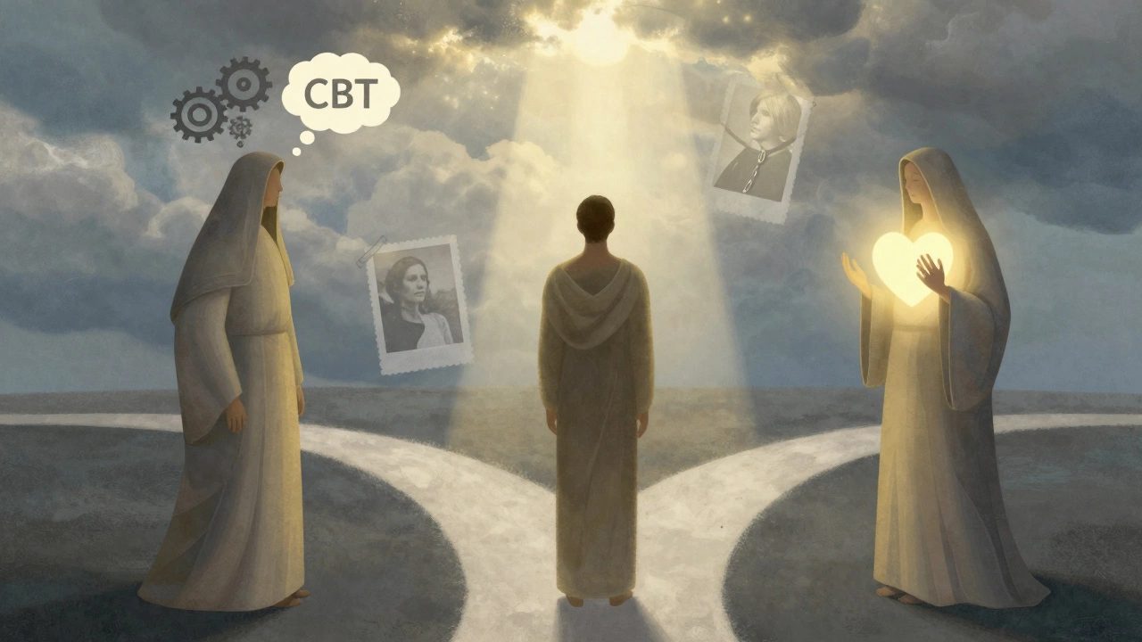 Три стиля психотерапии как фигуры вокруг человека на перепутье, символизирующие путь к самопознанию.