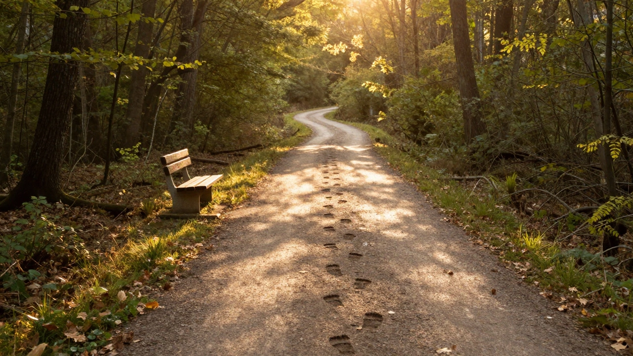 Тропа в лесу с постепенно редеющими следами, утренний свет, скамейка на полпути — метафора терапевтического пути.