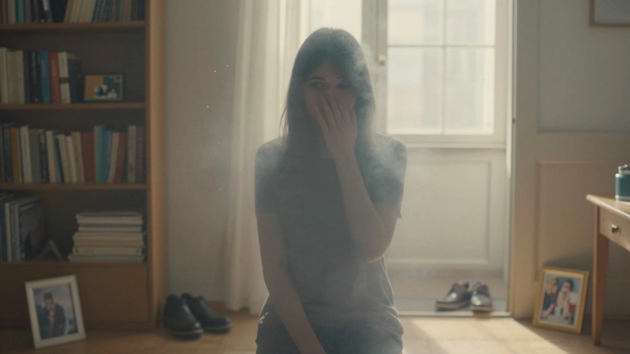 Человек окружён серым туманом депрессии, но солнечный свет всё ещё проникает в комнату.