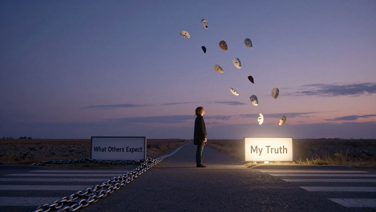 Человек стоит на перекрестке: один путь — цепи чужих ожиданий, другой — свет собственной правды.