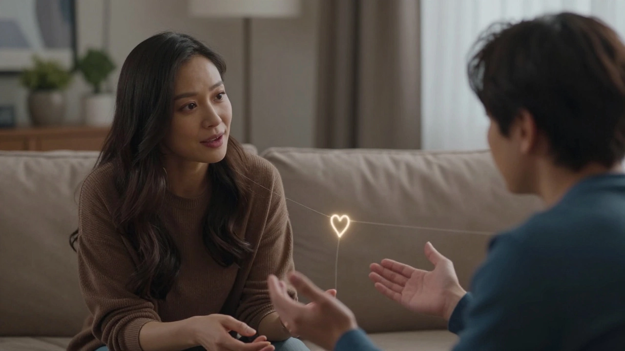 Два человека тихо разговаривают, между ними — светящаяся связь эмоциональной искренности.