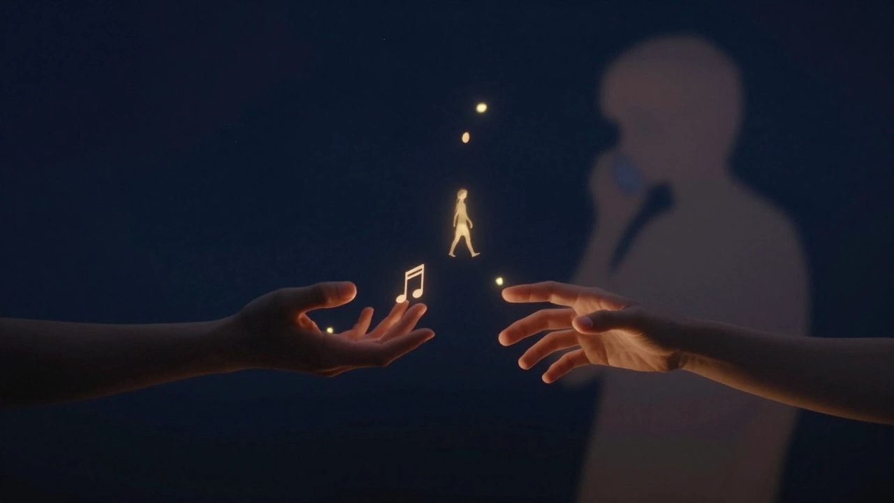 Две руки сближаются в темноте, между ними вспыхивают светящиеся огоньки воспоминаний.