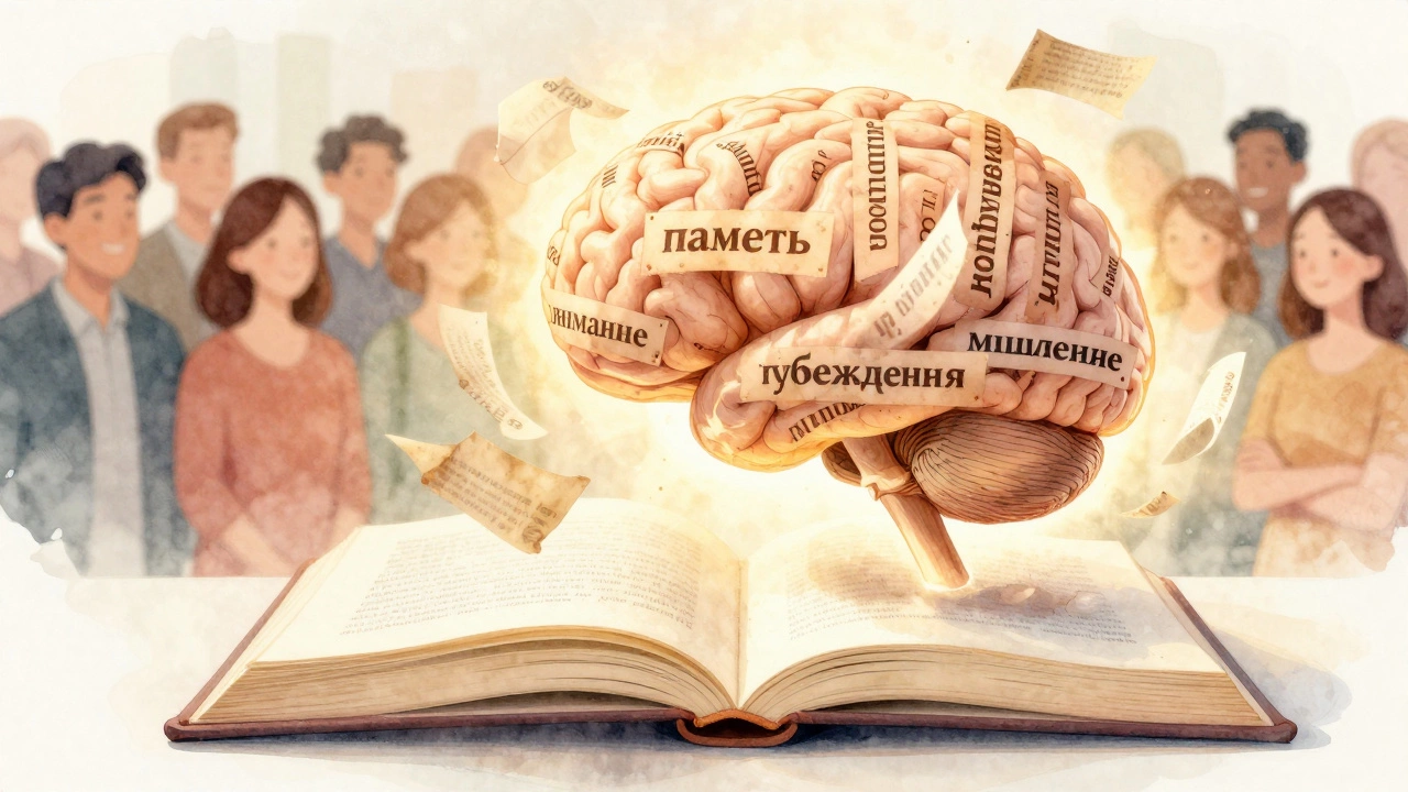 Мозг как открытая книга, из которой выходят простые слова: мышление, память, внимание.