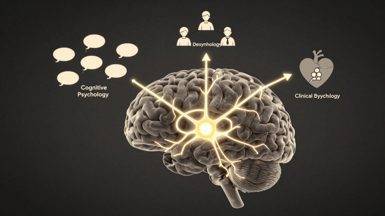 Мозг с цветными путями, символизирующими разные направления психологии.