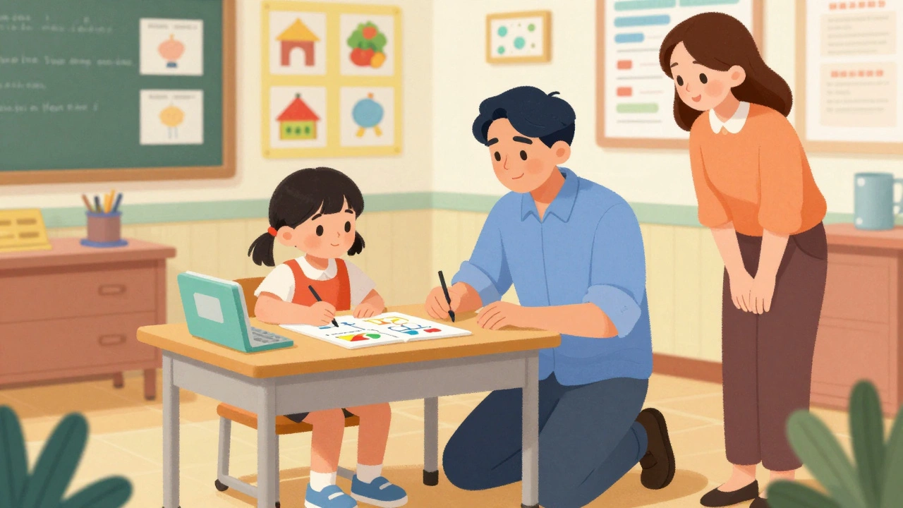 Педагогический психолог помогает ребенку в классе.