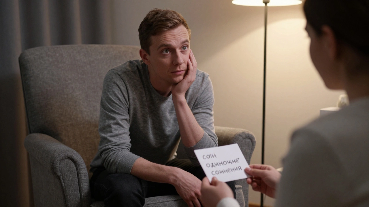 Психолог внимательно слушает клиента, который держит листок с ключевыми словами.